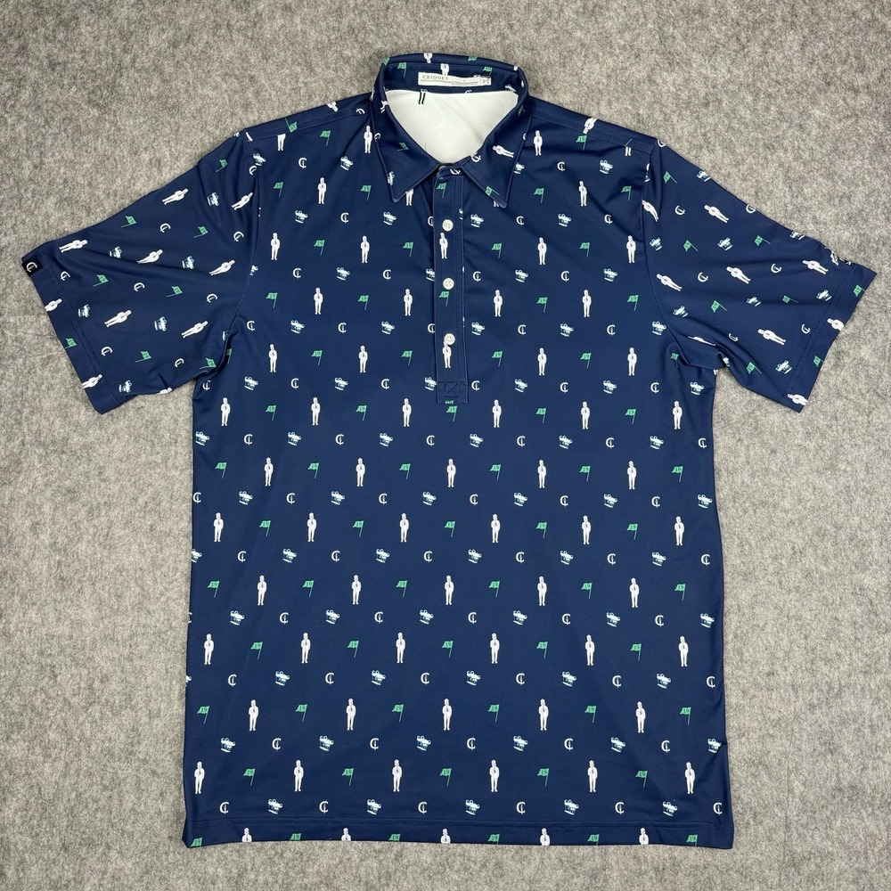 Criquet Polo Shirt Mens L Navy Blue Golf Caddy Print Performance Stretch AOP